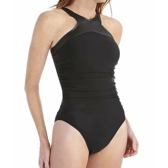 MagicSuit Womens Rev It Bonnie Black High Neck Faux-Leather-Trim Size 10 - Picture 7 of 14